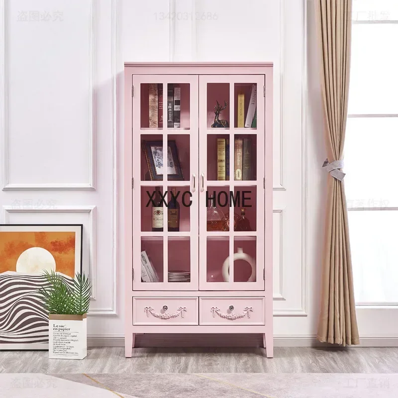TAO Glass Door Floor-Standing Rack Bookshelf Pink Wine Cabinet Solid Wood Display High Cabinet