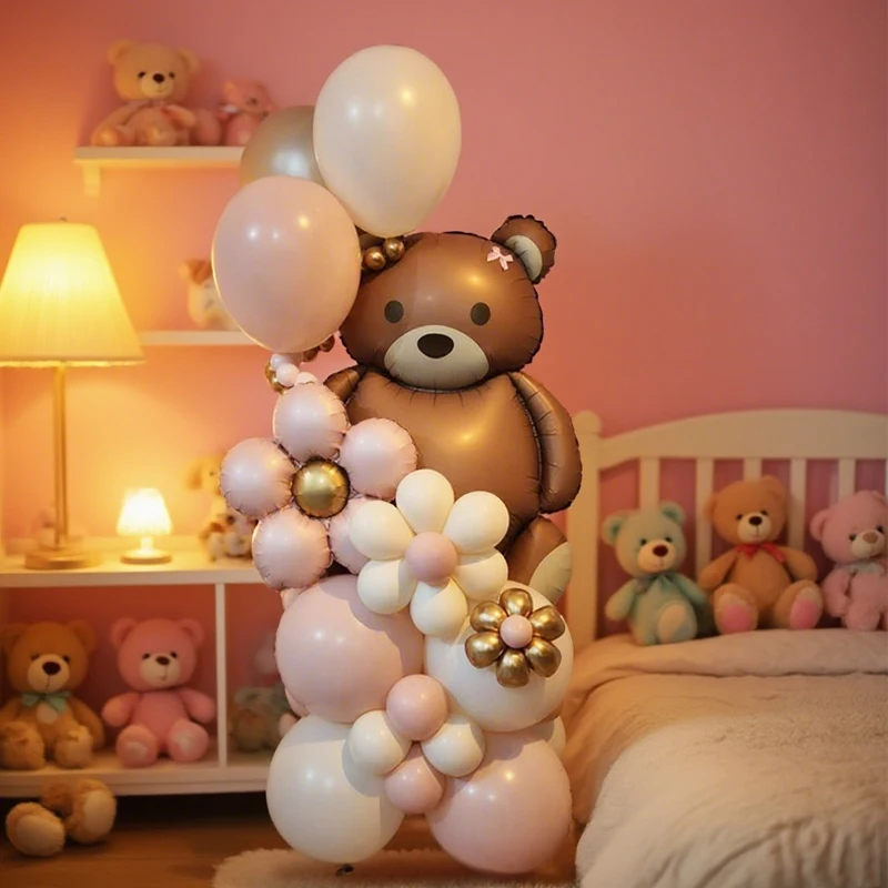 Brown Bear Balloon Set Flower Aluminum Film Balloon Pink Latex Balloon Ribbon Bow for Birthday and Wedding Decoration - view 4