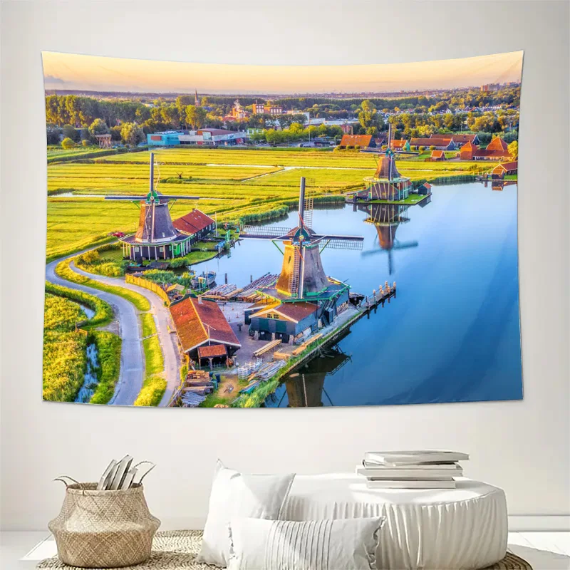 Large Bohemian Dutch Windmills Tapestry Wall Hanging Decor Art Print Netherlands Landscape Mural Canvas Farmhouse Style Home Dec