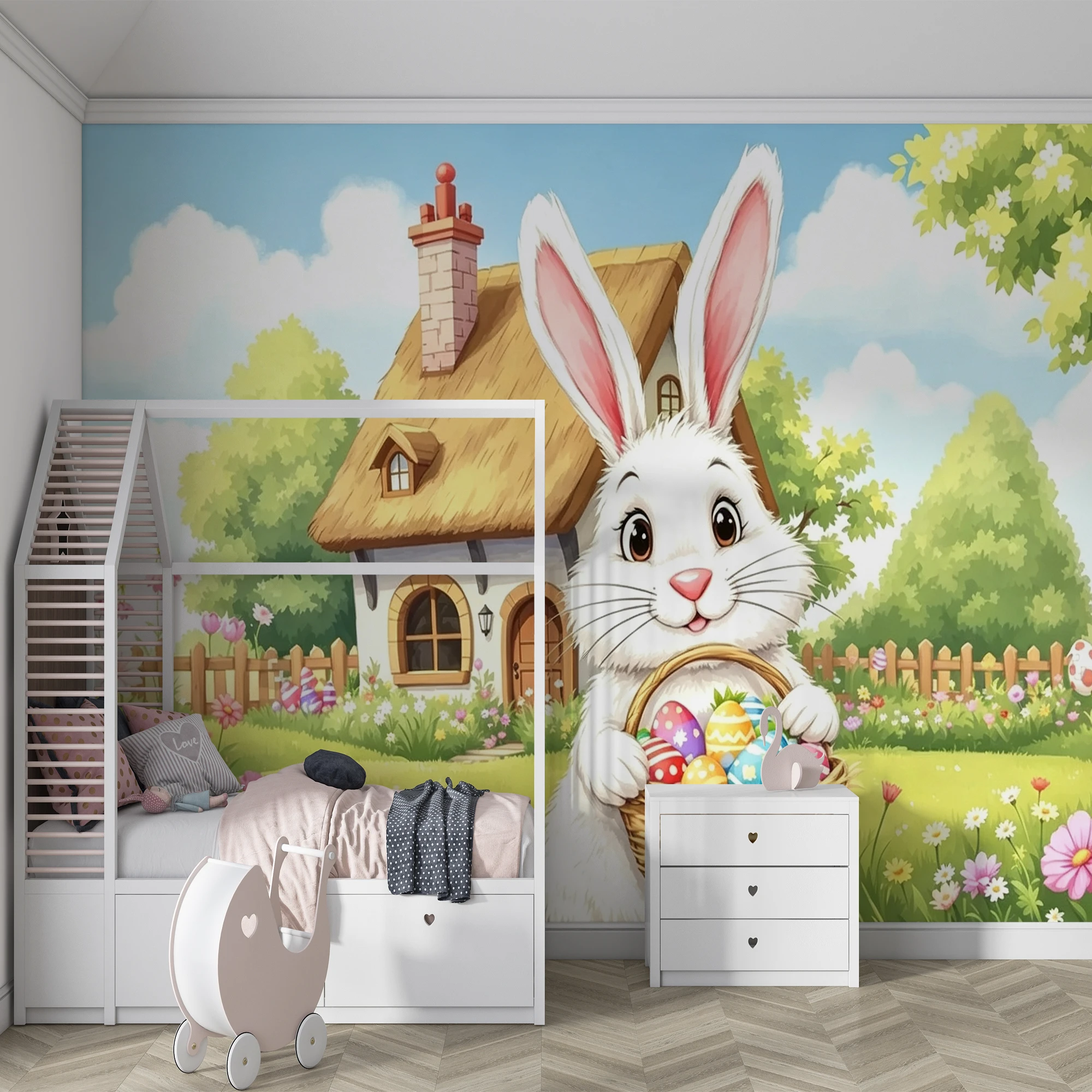 Milofi 3D Cartoon Cute Easter Bunny Egg Wall paper Removable Cartoon Rabbit Decal Kids Bedroom Nursery Home Decor