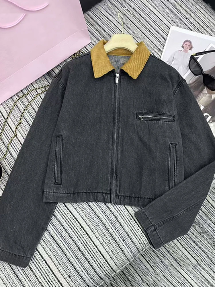 

Designer vintage matching color corduroy lapel wash denim jacket 2024 fall women's new fashion all-match zipper jacket cardigan