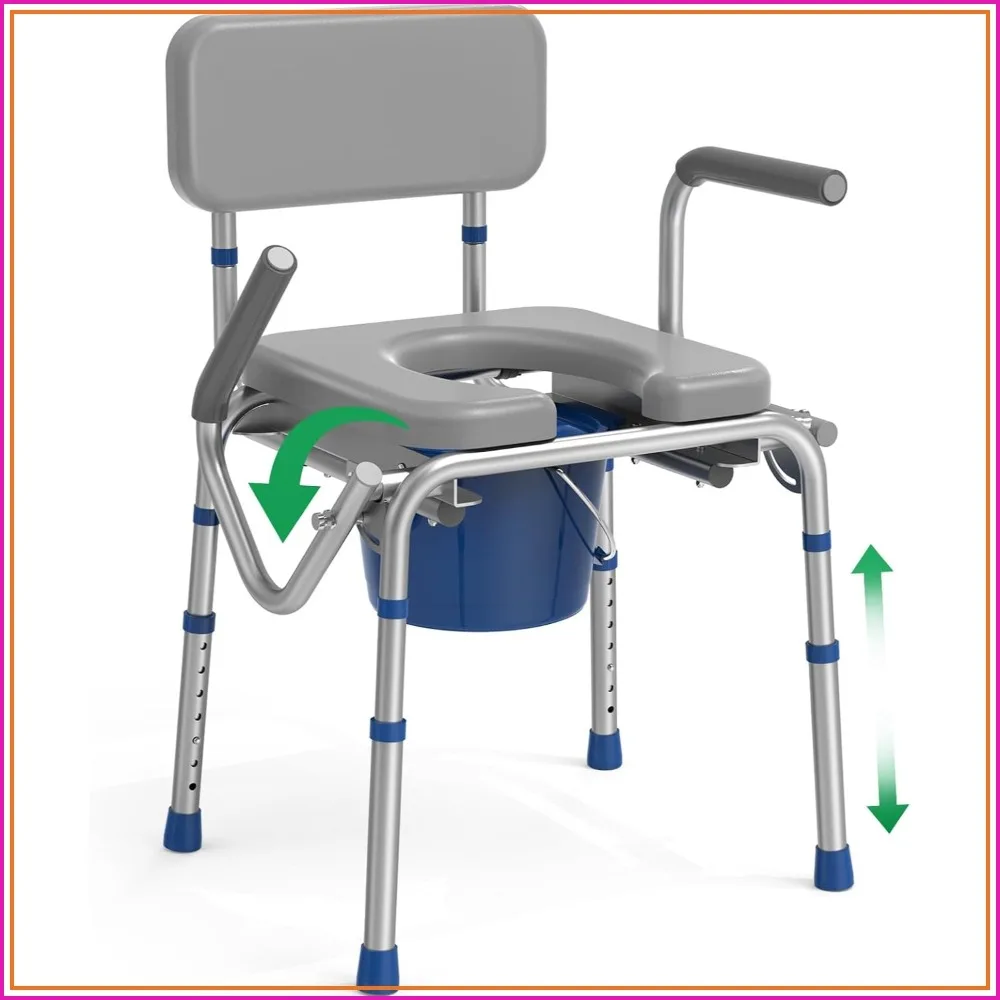Drop Arm Bedside Commode with Padded Seat, 500lbs Capacity, Adjustable Height Portable Toilet for Adults, Gray