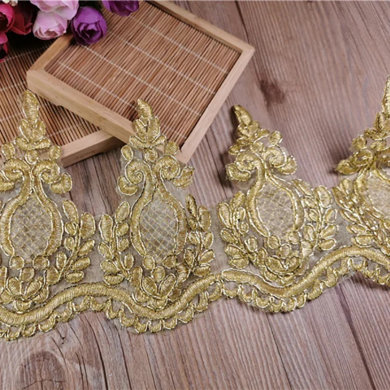 1Yard Gold Line Flower Mesh Lace Fabric Trims For Sewing Lace Applique Handmade Craft for Wedding Dec Pineapple Shape 12cm Width