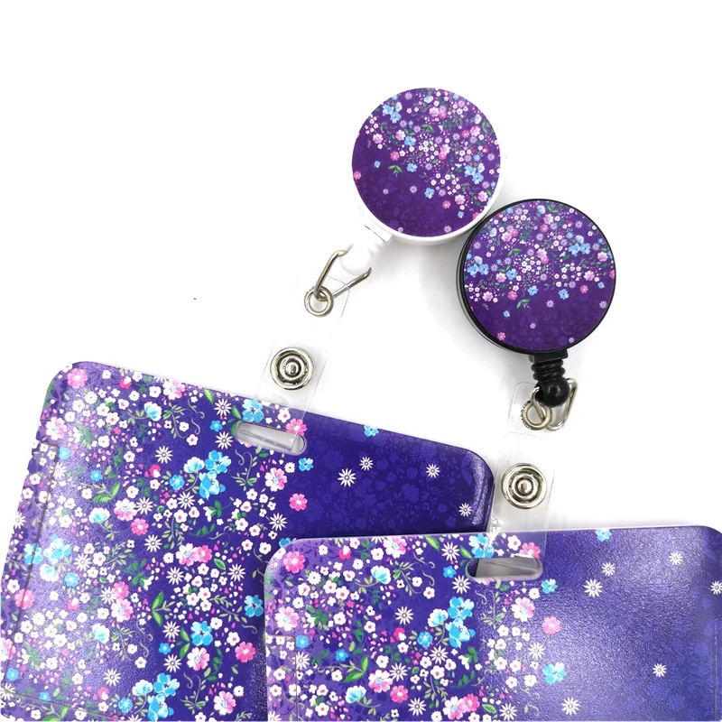 Purple Flowers Retractable Badge Lanyard Nurse ID Business Work Card Badge Holder Office Student Clips Card Cover Holder Bag