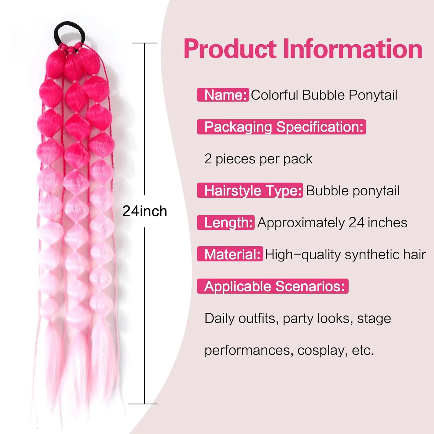 2 Stück Bunte Synthetische Bubble-Pferdeschwanz-Extensions, 20 Zoll Leichte Geflochtene Haarverlängerungen, Festival-Rave-Accessoires – Detail 3