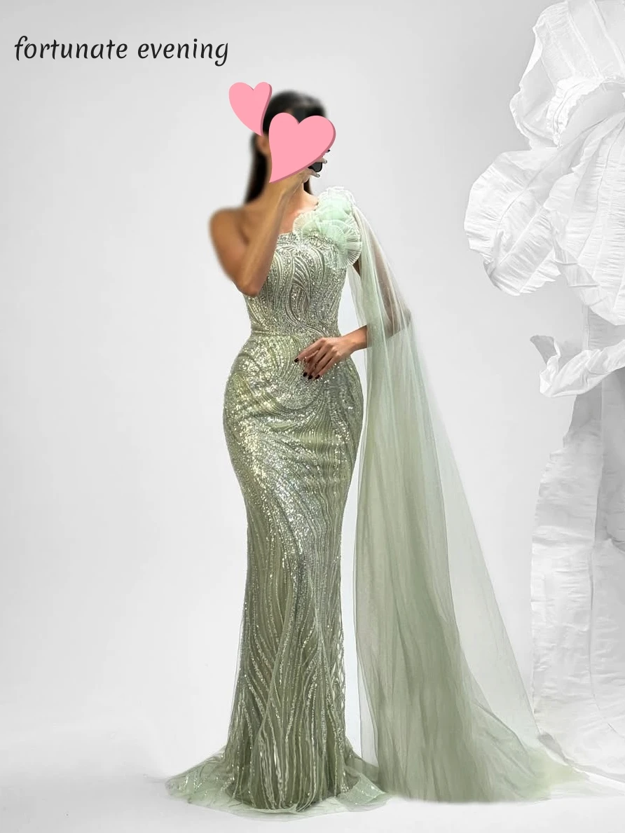 

Fortunate Evening Elegant Vintage Sweet Green Beads One Shoulder Customized Formal Occasion Prom Dress Evening Party Gowns