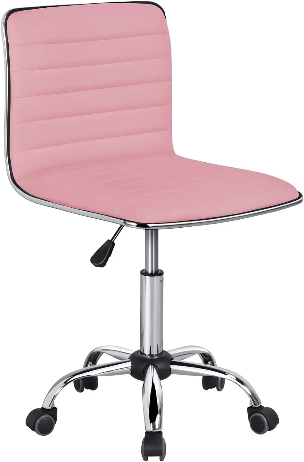 

Pink Low Back PU Leather Ribbed Armless Office Chair, Ergonomic Swivel Task Chair with Wheels for Women