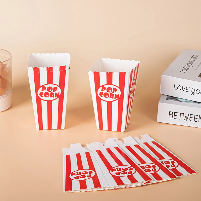 12Pcs Popcorn Paper Boxes Buckets Red White Stripes Bags Snack Containers for Movie Night Birthdays Carnival Party Supplies