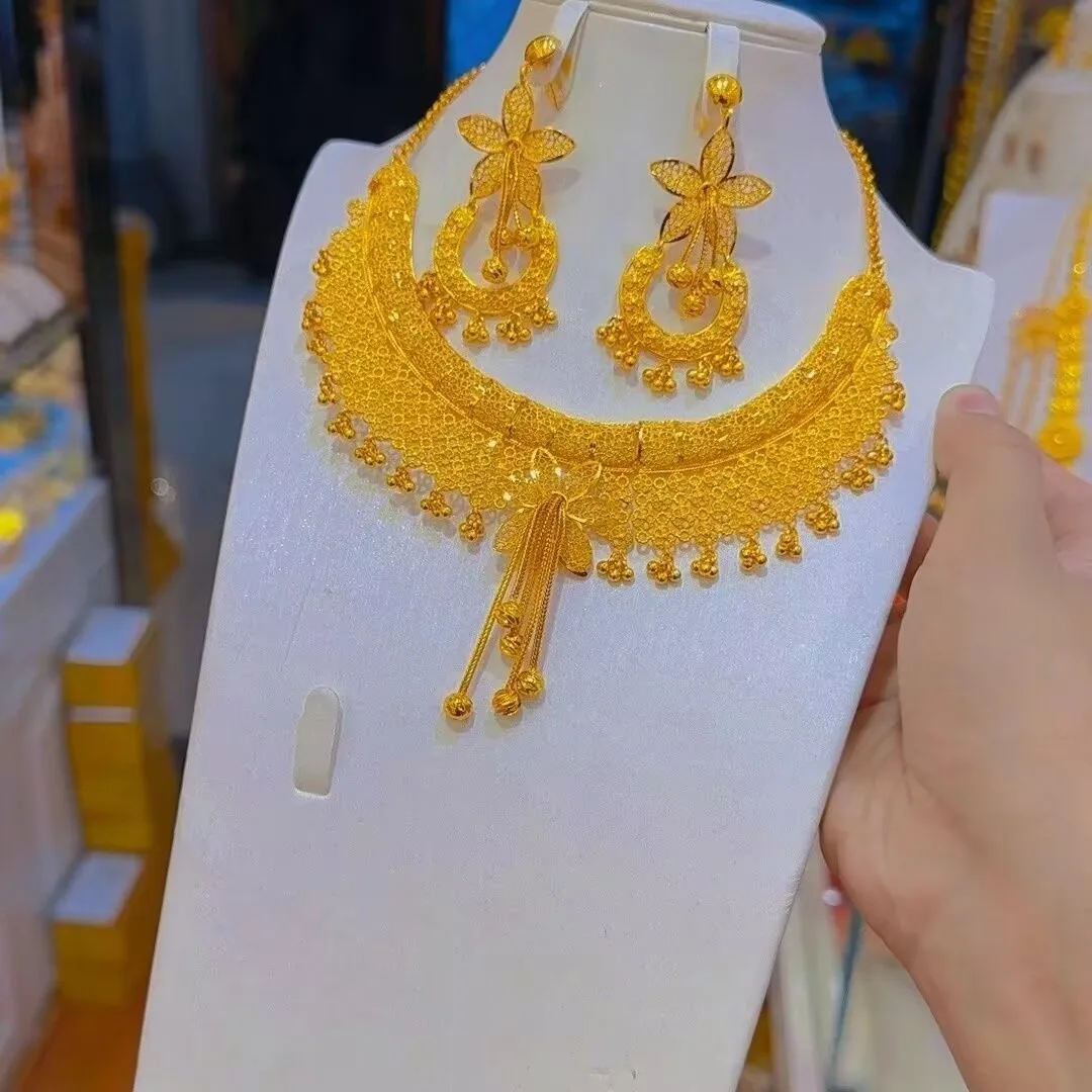 

New Nigeria Europe Dubai 24K Gold Plated Necklace Earrings for Wedding Party Gifts Jewelry Set for Lovers YY10640