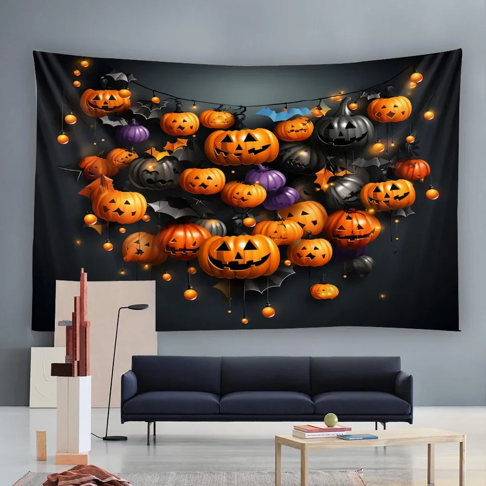 Halloween Skull Pumpkin Lantern Tapestry Magic Theme Party Escape Room Background Wall Hanging for Home Living Room Decoration
