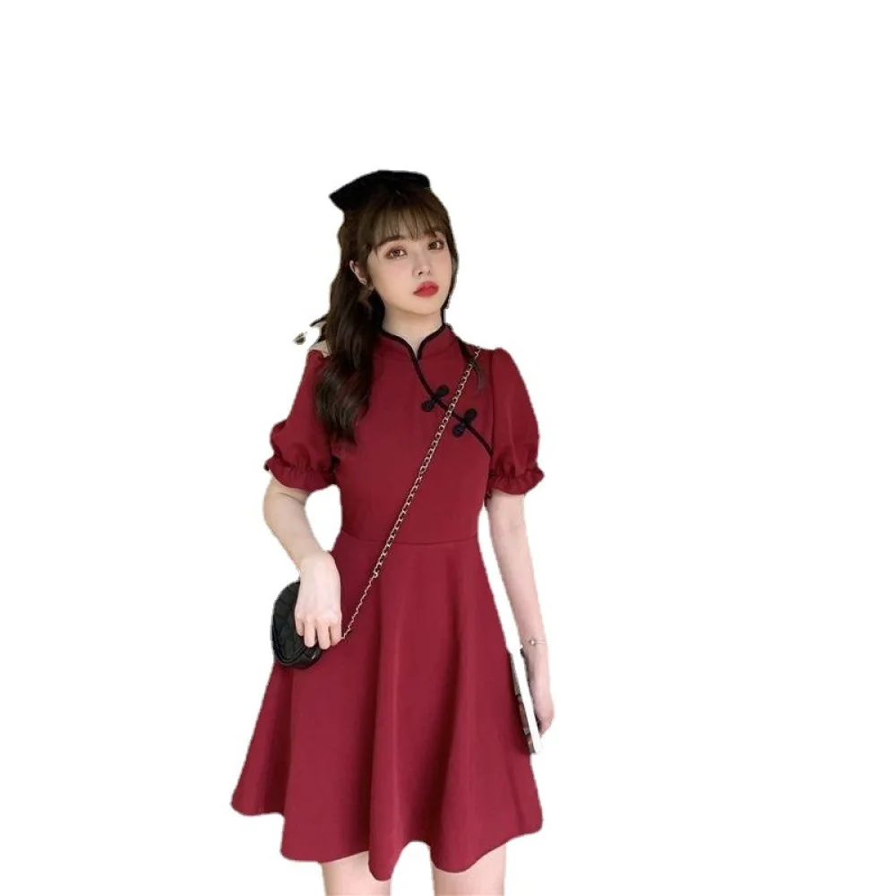 Summer Retro Cheongsam Dress Women French Tea Break Style Red Puff Sleeve Slim Fit Midi Dresses Elegant Chinese Knot Clothing
