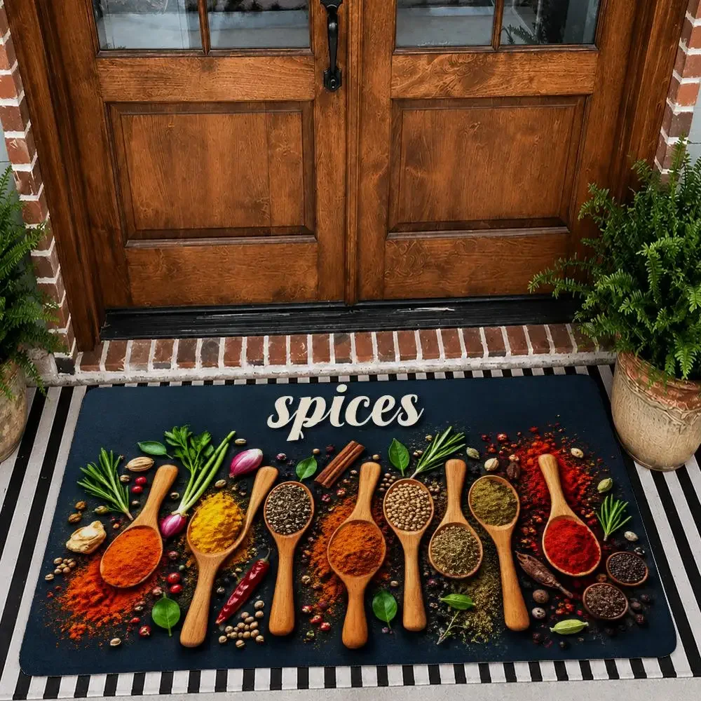 Wood Spoons Filled Colorful Spices Floor Mat Flannel Rug Non Slip Absorbent Soft Washable For Entryway Bathroom Kitchen Decor