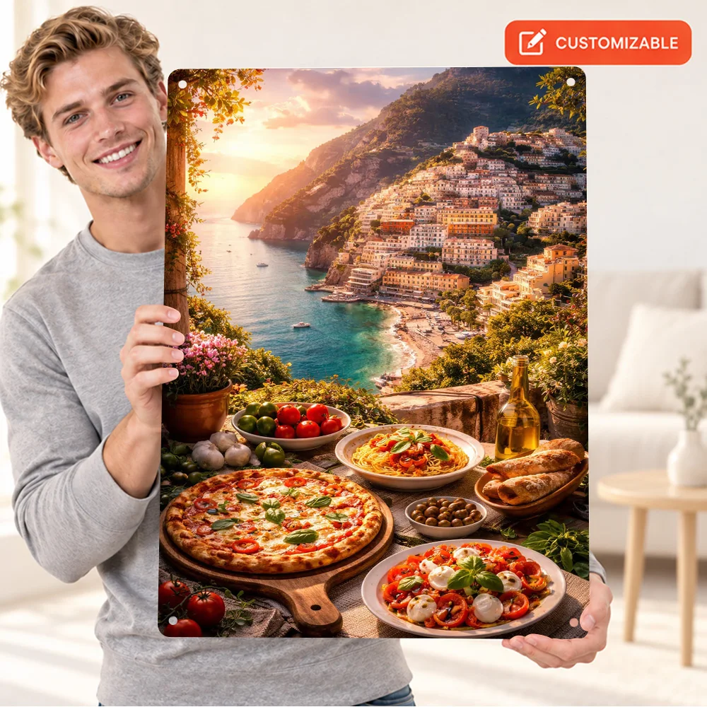 Italian Coastal Feast Printed Poster Bold Colorful Wall Art For Dining Room Customized Aluminum Metal Sign Restaurant Owner Gift