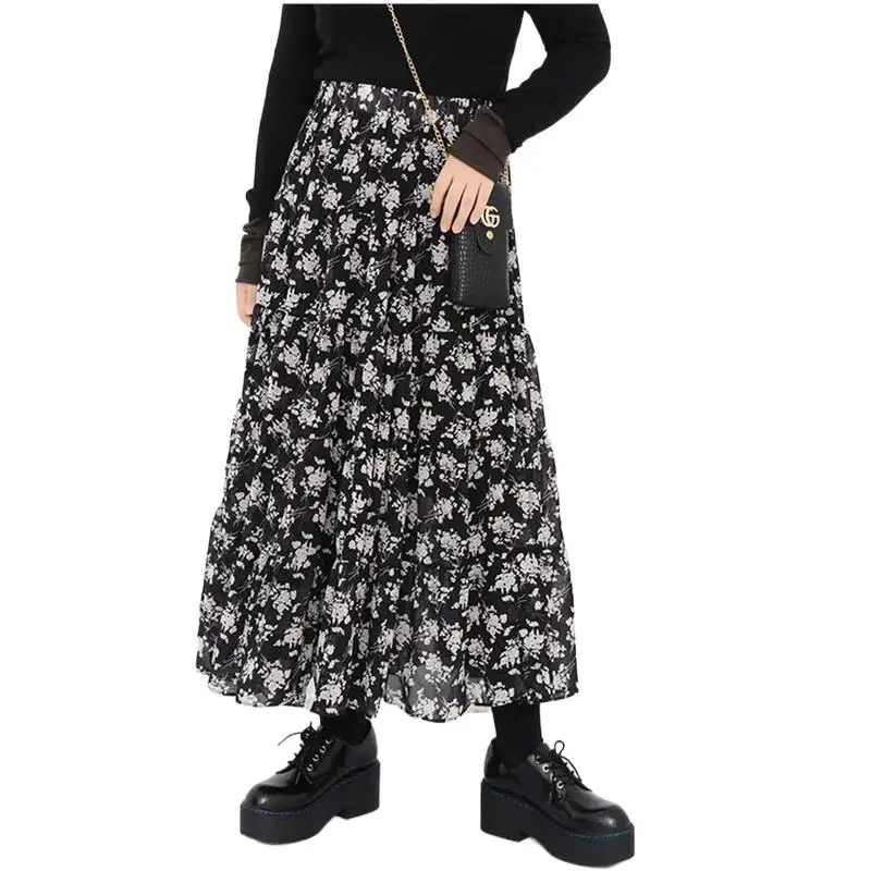 

High Quality Woman Chiffon Skirt Floral Print Bohemian Summer Skirts Fashion Clothes Plus Size Vestidos vintage pleated skirts