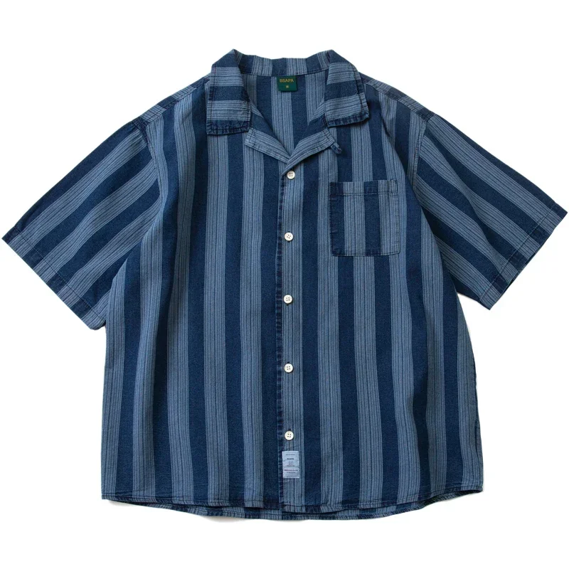 

New Arrival Japanese Antique Indigo Stripe Loose Fit Cityboy Cuban Collar Short Sleeve Shirt Summer Men American Leisure