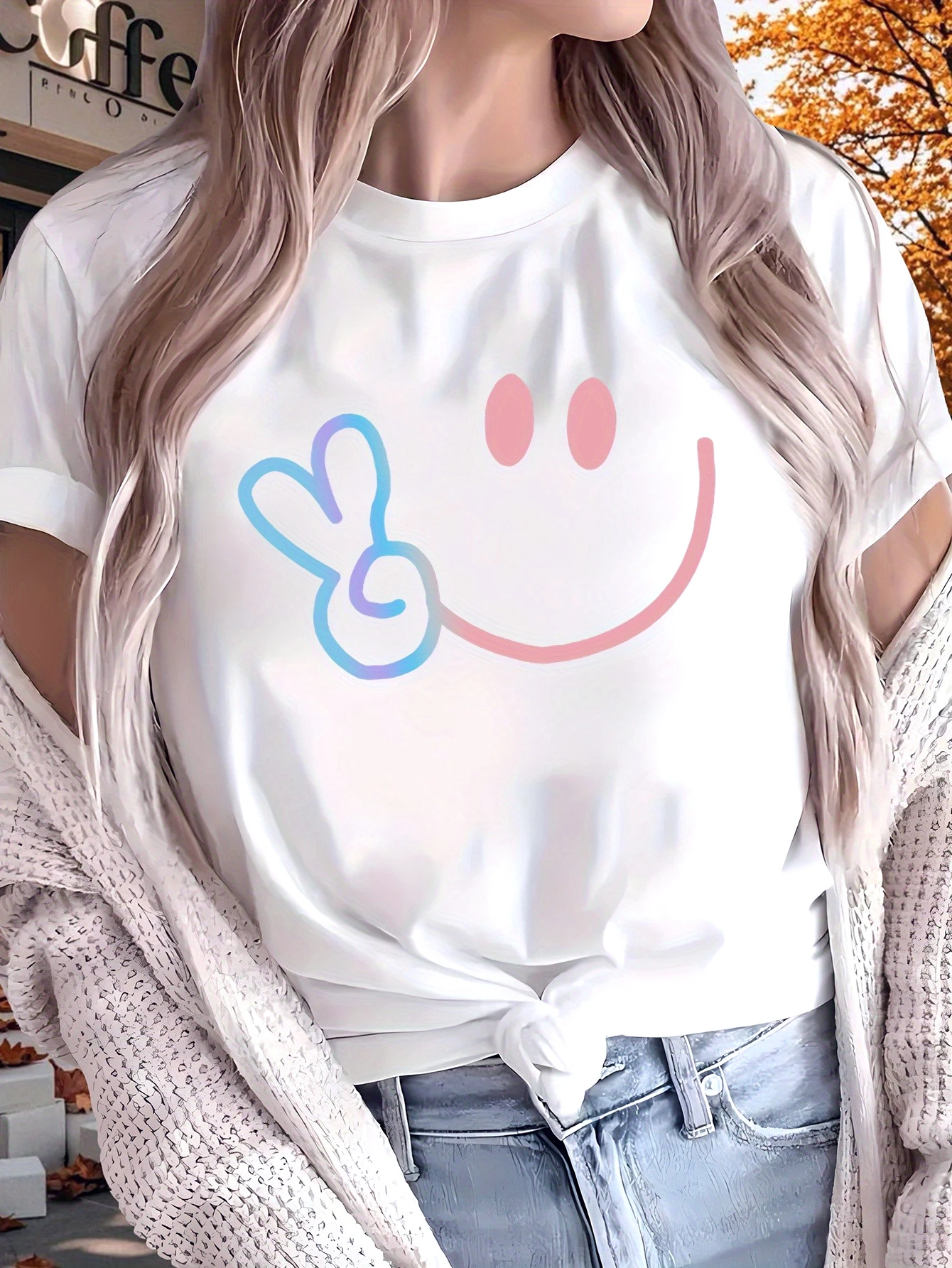 Cute and Happy Face Creative Pattern Printed Summer Women's Top Short Sleeve Round Neck Tee Women's Summer Casual Clothing