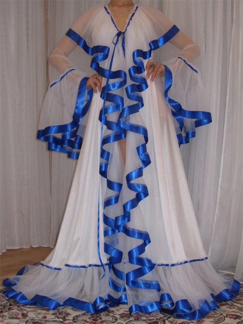 

Blue White Woman Wedding Prom Dress Sexy V Neck Full Sleeves Bridal Morning Robes Night Gown Evening Gown Sleepwear Customized