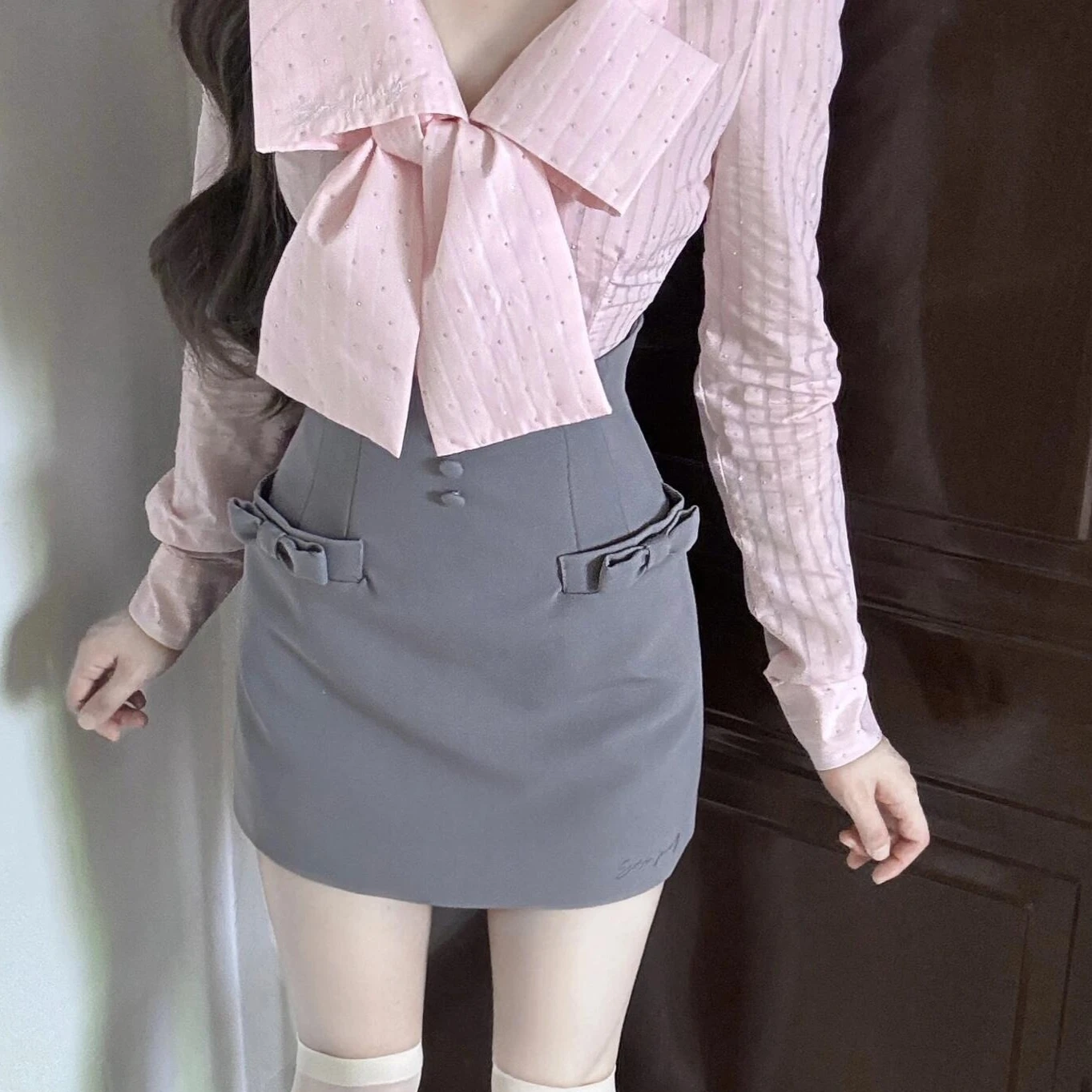 

Sweet Bow Long Sleeve Shirt Tops 2 Piece Set Spring Autumn Fashion Elegant Slim Fit Casual Outfit for Ladies Women 2026 Fashion