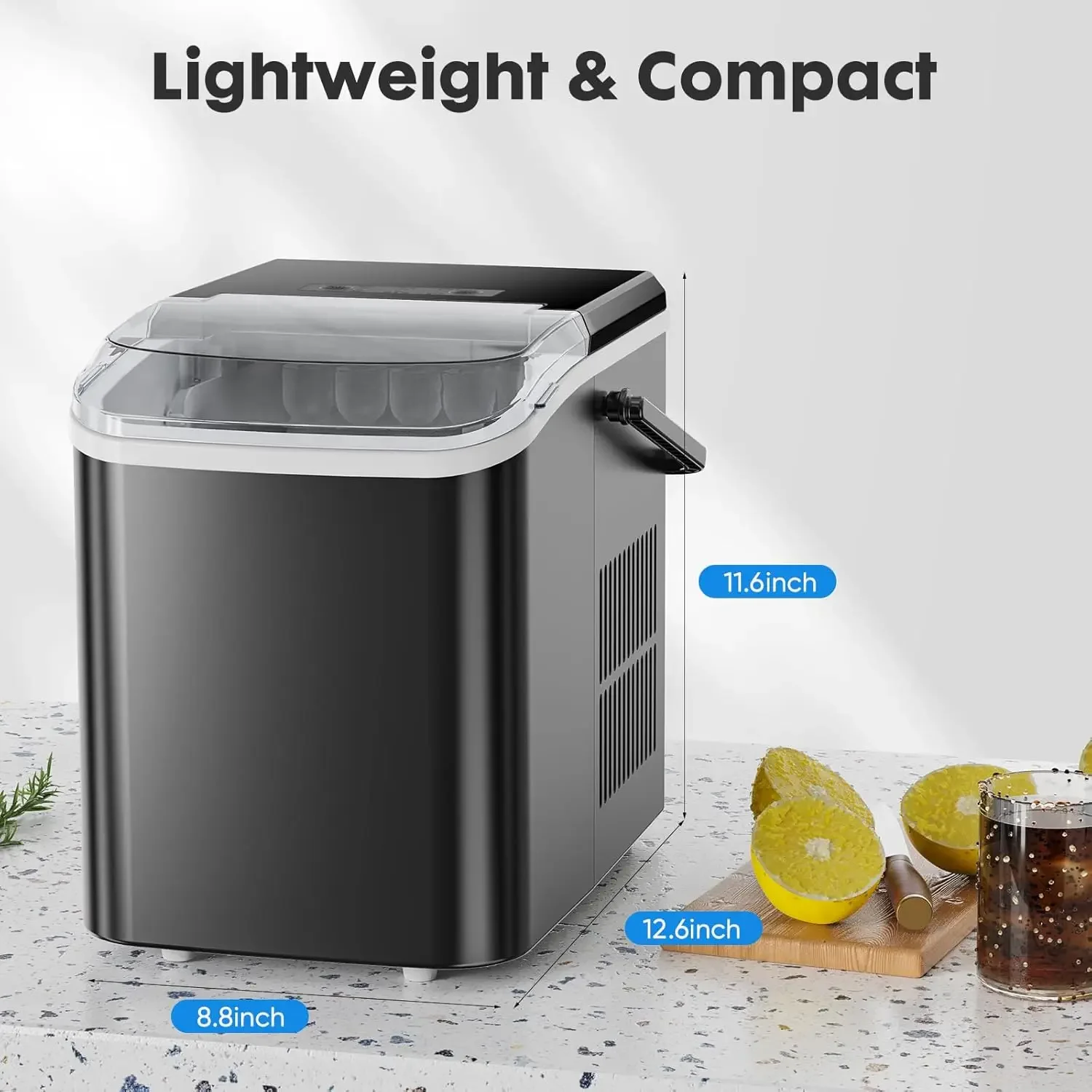 Eficiente máquina de gelo de bancada, Compact Self-Cleaning Ice Maker para casa, Produz 9 cubos em ju, 26 lb, 5lb, 24h Capacidade