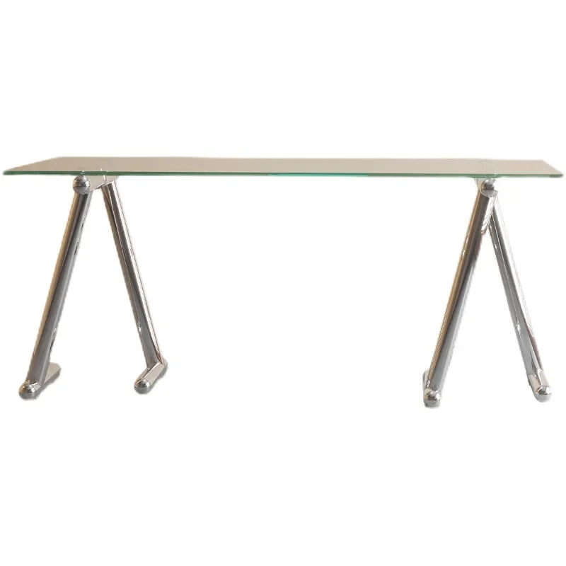 Medieval stainless steel round tube rectangular glass table minimalist computer desk