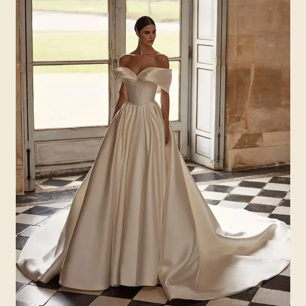 2026 Off Shoulder Satin Wedding Dress Vintage Bride Dress Folded Elegant Women Bridal Gown Vestido De Novia customization