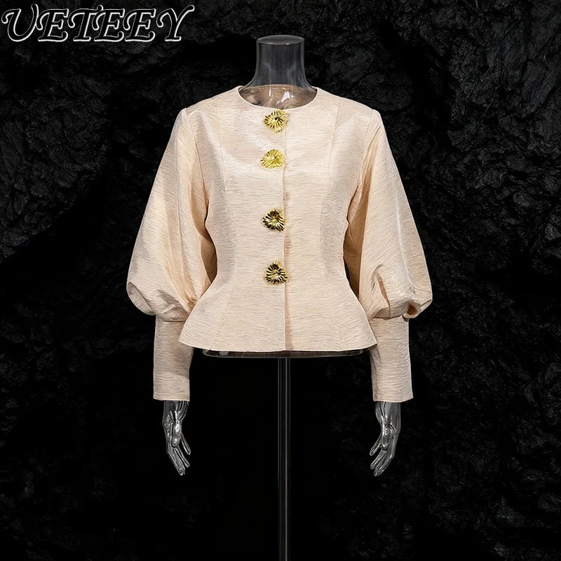 

2025 Autumn New Fashion Metal Single-Breasted Round Neck Lantern Sleeve Coat Top Ladies Loose Waist Slimming Jacket for Women