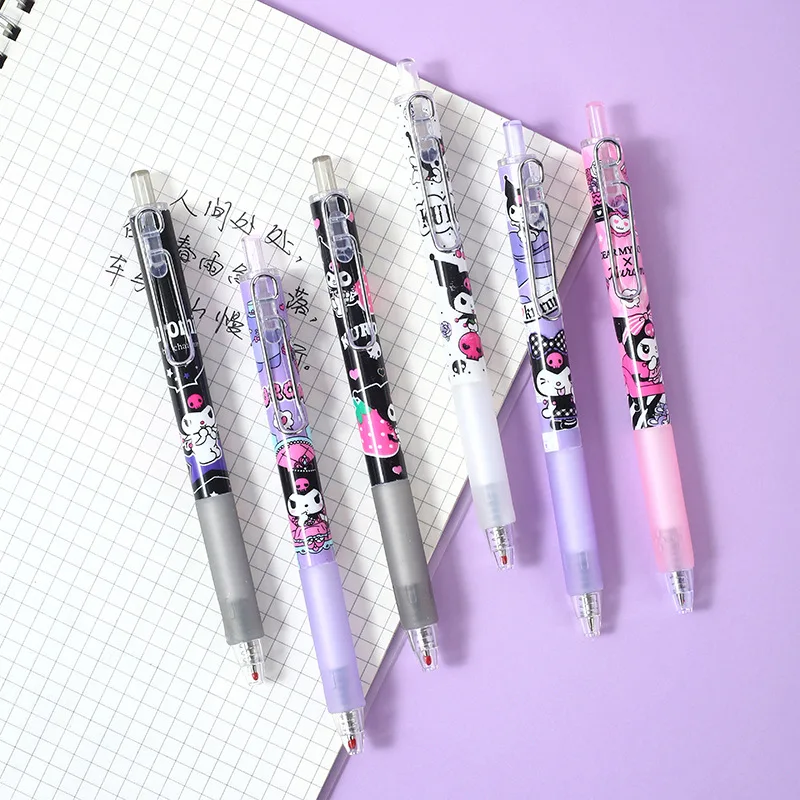 Sanrio 12pcs Cartoon Gel Pen Kawaii Hello Kitty Kuromi Cinnamoroll Stationery 0.5 Black With Metal Hook Office Write Cute Pens