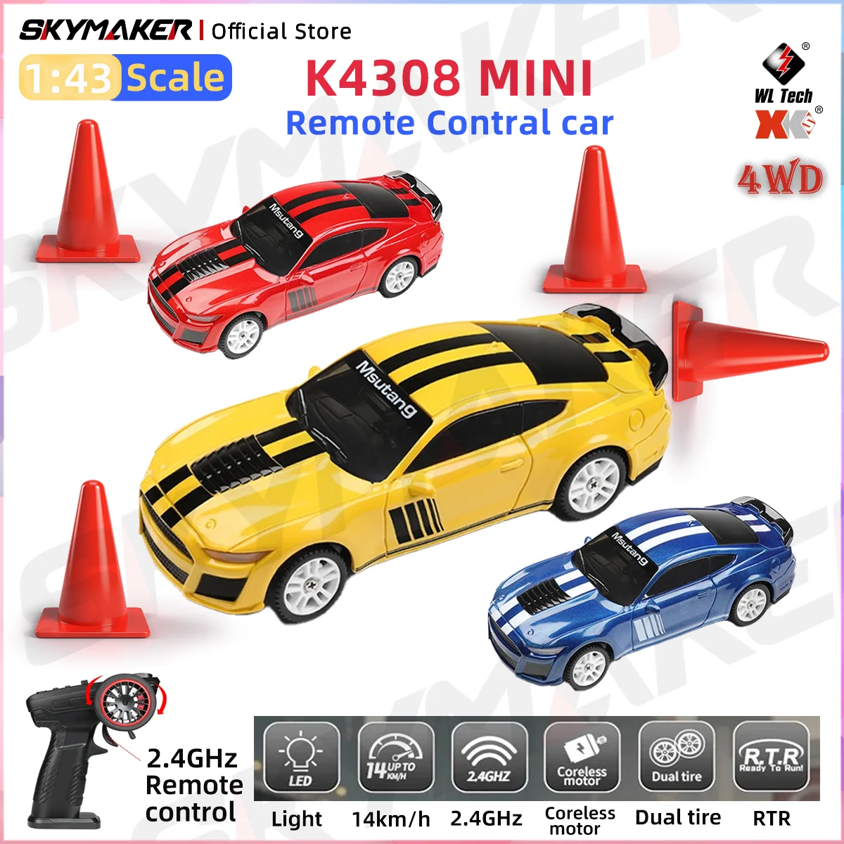 Wltoys K4308 1:43 Mini RC Car 2.4G Remote Contro 4WD with LED Light 14KM/H Speed with Gyro RTR RC Racing Drifting Toys Car Gifts