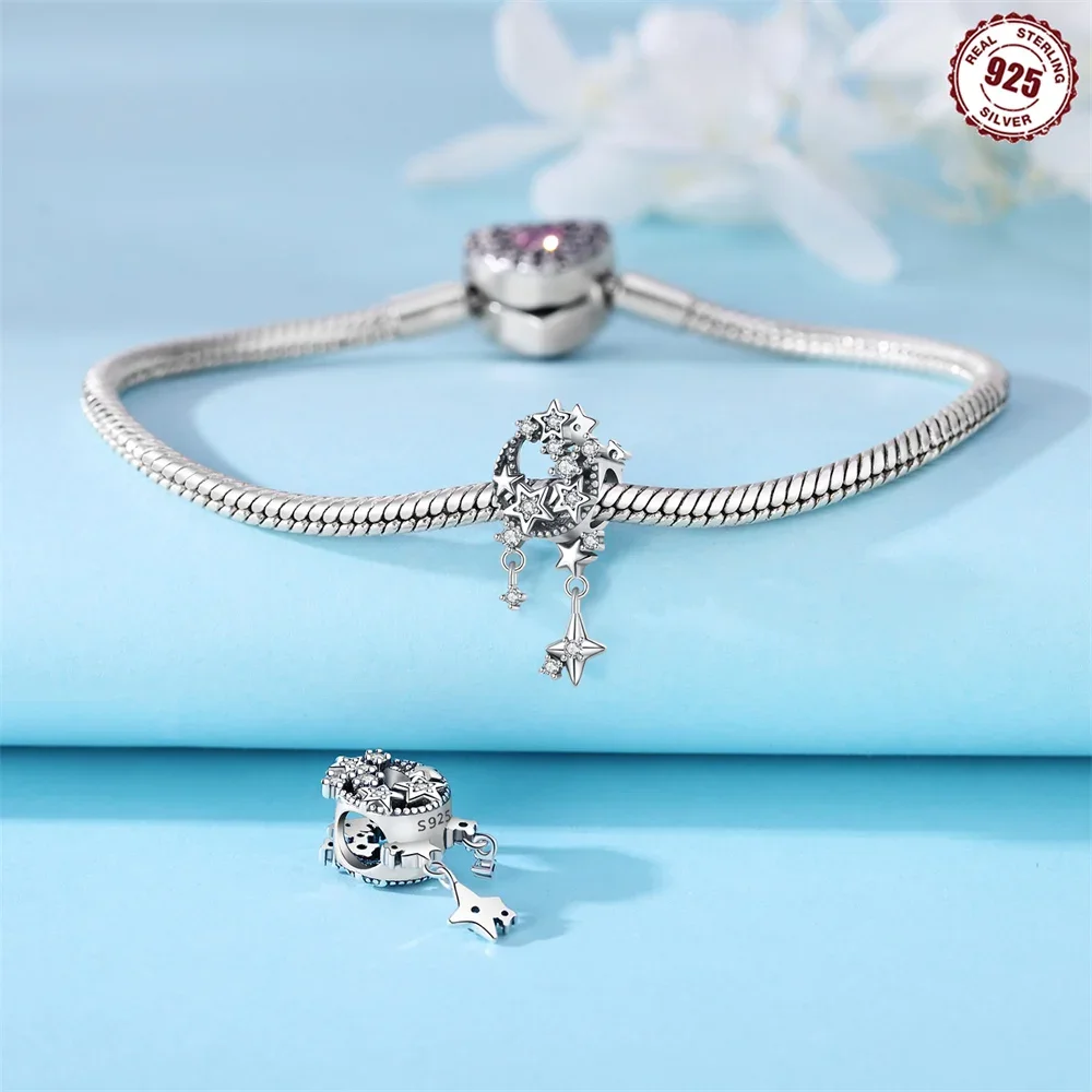 Original 925 Sterling Silver Charme para Mulheres, Contas Pingente, Fit para Pandora Pulseira, Fazer Jóias, Colorido Planeta e Lua