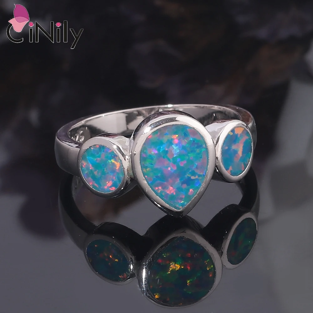 CiNily Created Fashion Classic Rainbow Opal Ring Silver Plated Jewelry for Women Prom Couple Ring Valentine\'s Day Gift Wholesale