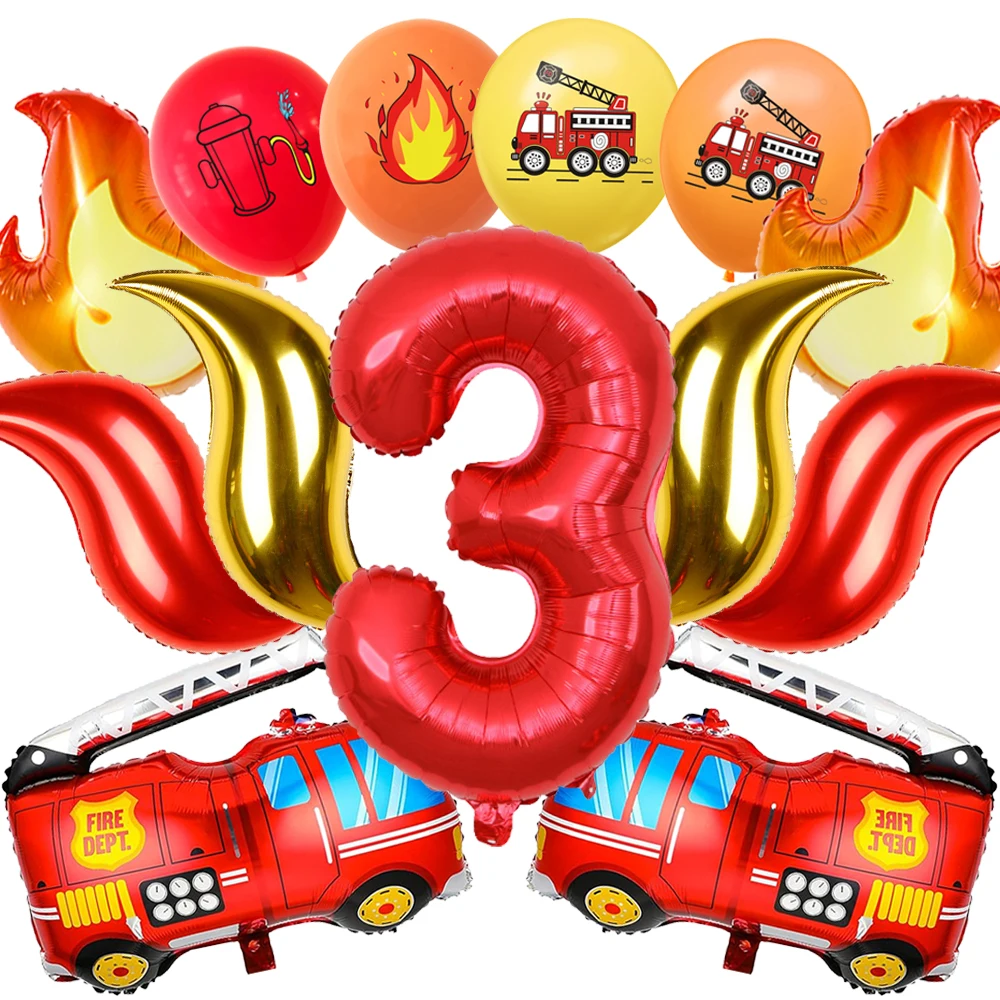 Fire Truck Birthday Decoration Foil Flame Firetruck Number Balloons Kids Boys Firefighter Fireman Sam Party Baby Shower Supplies