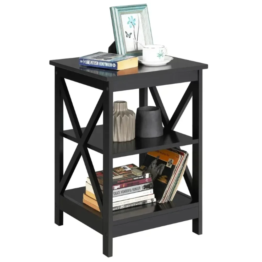 

Premium Tier X Design Wooden Nightstand End Table Sofa Side Table for Bedroom Living Room, Black