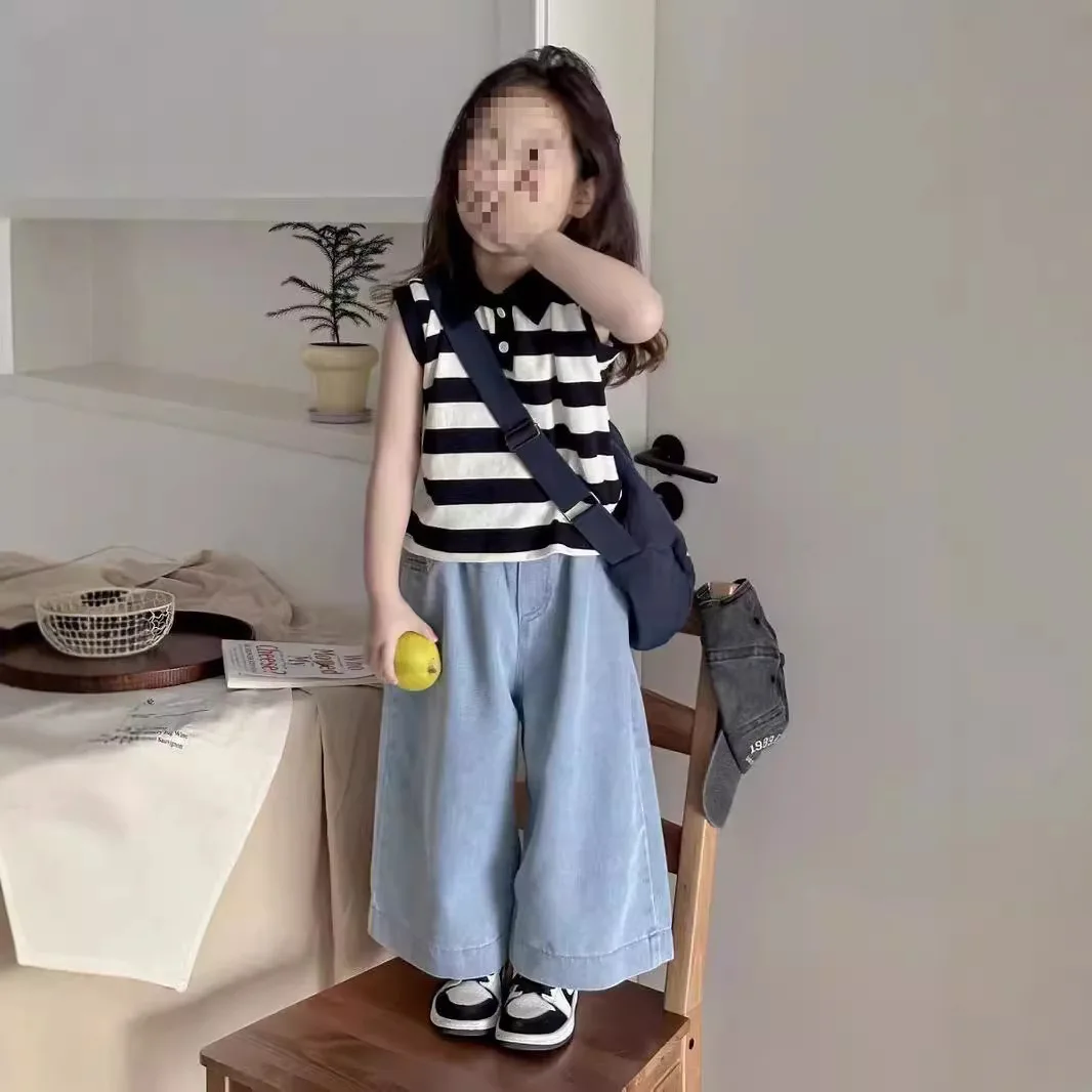 

Boys and Girls Lapel Sleeveless Top Jeans Two-piece Striped Shirt Wide Leg Pants Set casual fashion