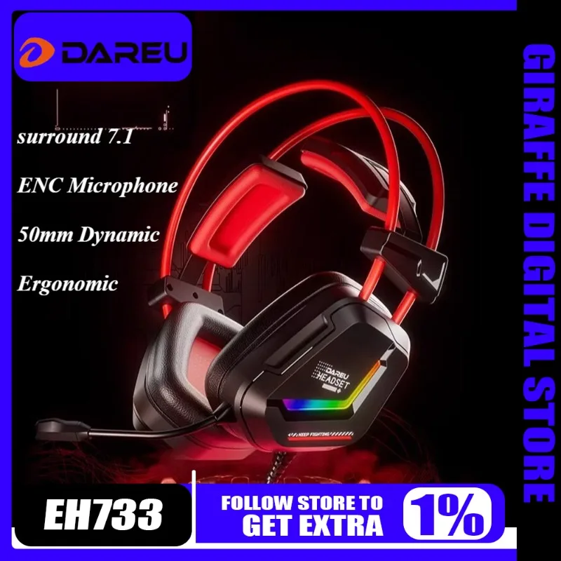 

Dareu EH733 Проводная игровая гарнитура с микрофоном ENC с шумоподавлением Surround 7.1, легкие FPS наушники для киберспорта, ПК, ноутбук