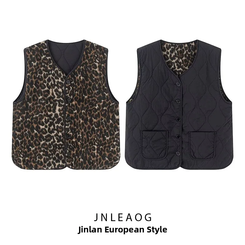 JNLEAOG Jesienna Nowa Modna Damska Dwustronna Kamizelka z Mieszanki Wełny i Bawełny w Leopardzi Wzór, Do Pracy, Okrągły Dekolt