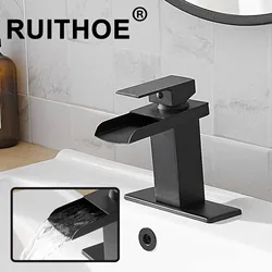 Matte Black Waterfall Basin Faucet Single Hole Single Handle Modern Vanity Lavatory Basin Hot& Cold Mixer Tap with Drain Combo