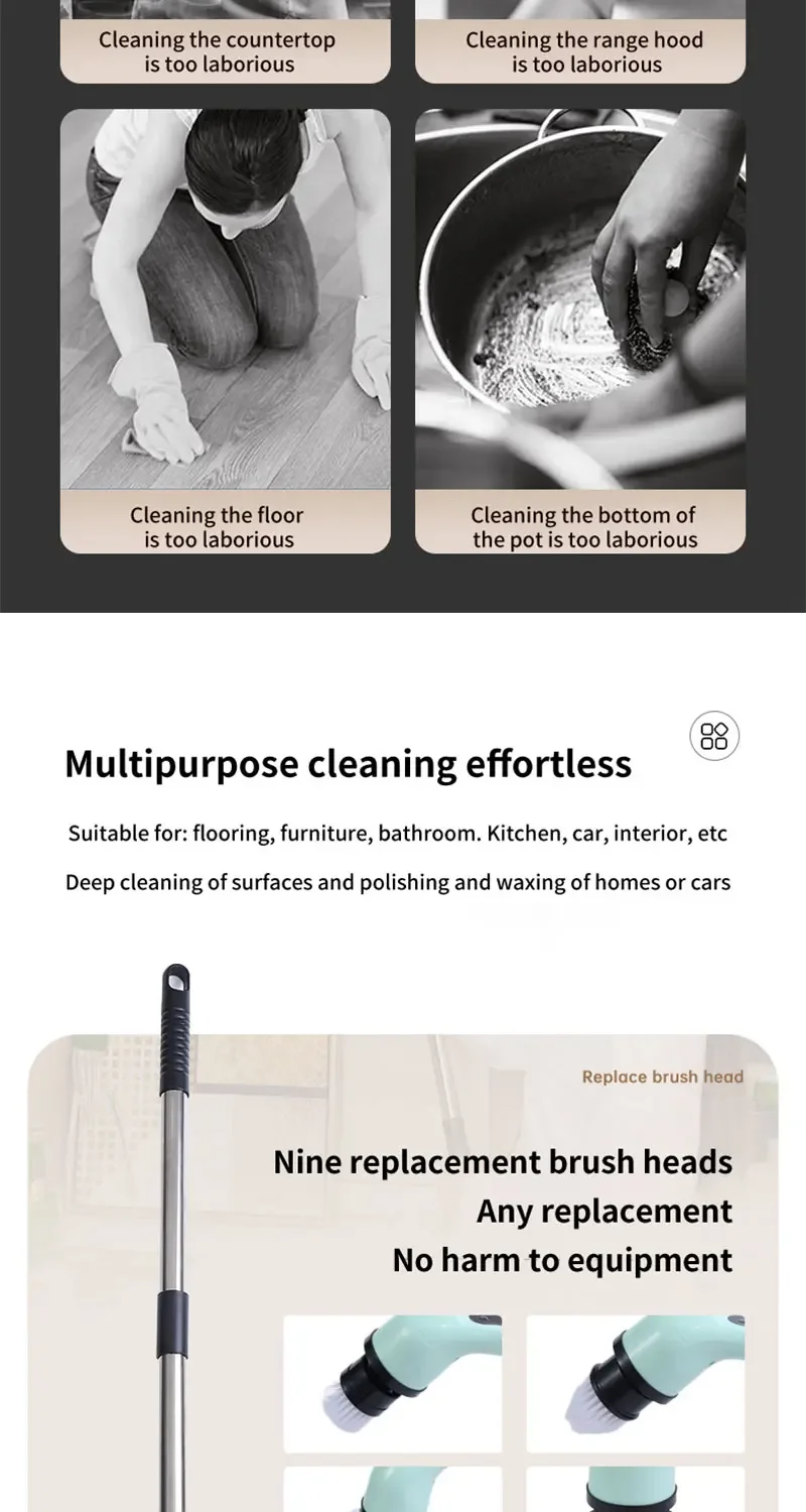 Simplify everyday cleaning with a rechargeable electric spin scrubber featuring an extension handle, interchangeable brush heads, USB-C charging, and a battery display.