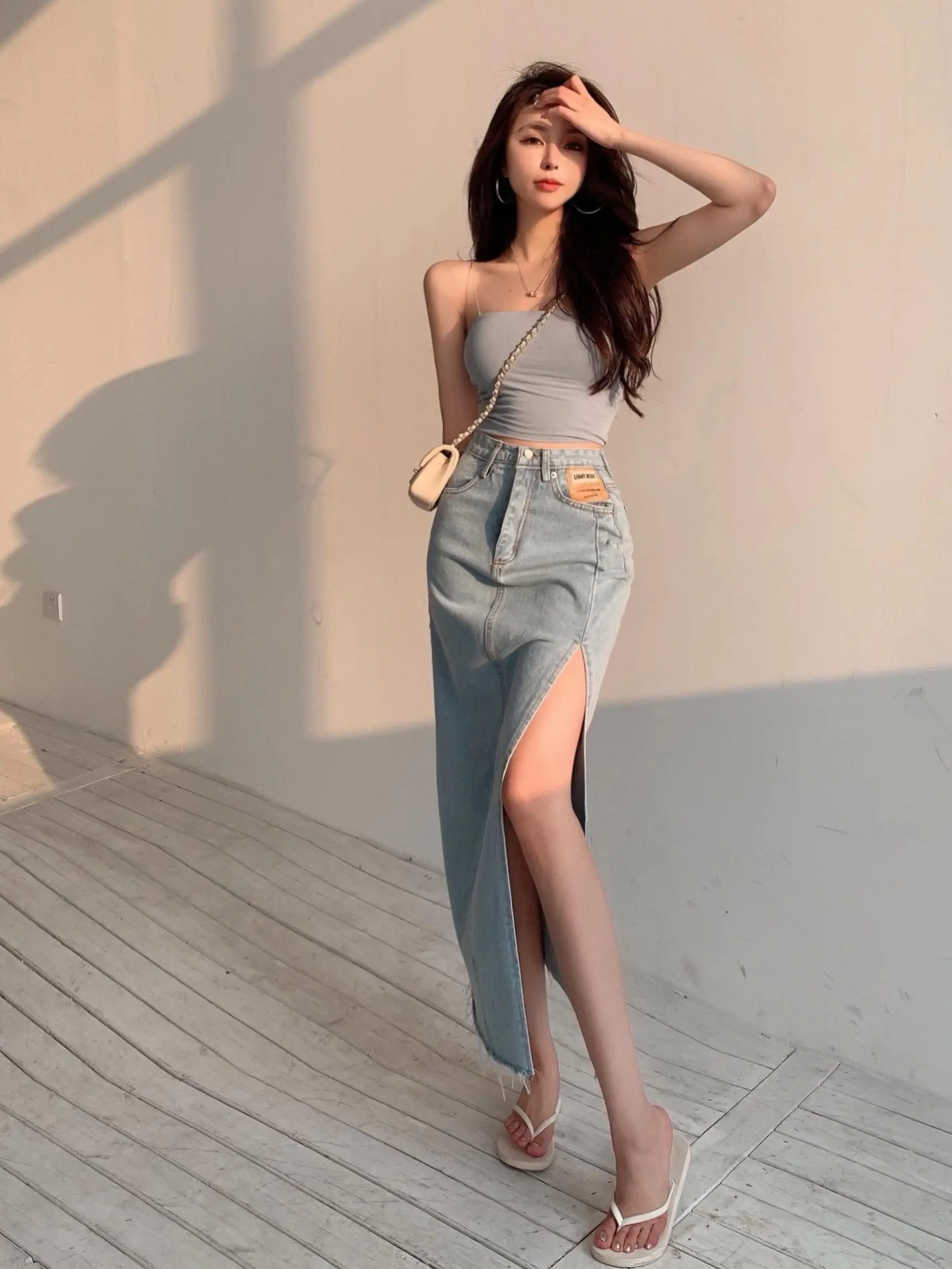 

Модная женская джинсовая юбка А-силуэта с высокой талией, весенняя, с запахом, универсальная, готовая к носке на каждый день