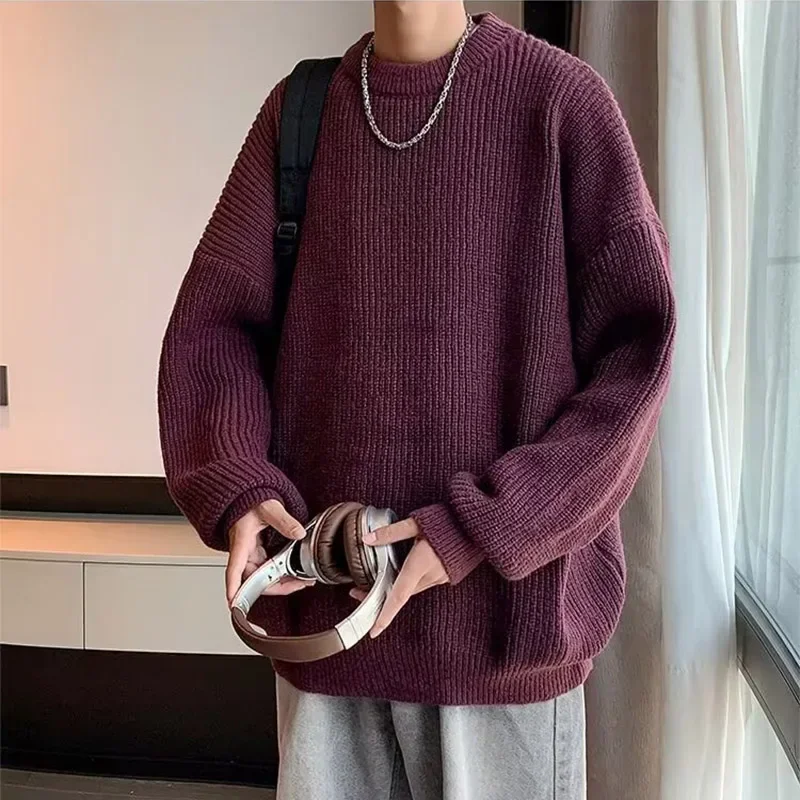 Sweater rajut pria, atasan Pullover lengan panjang leher bulat, rajut longgar kasual Mode Korea, Sweater rajut warna polos untuk musim gugur dan musim dingin