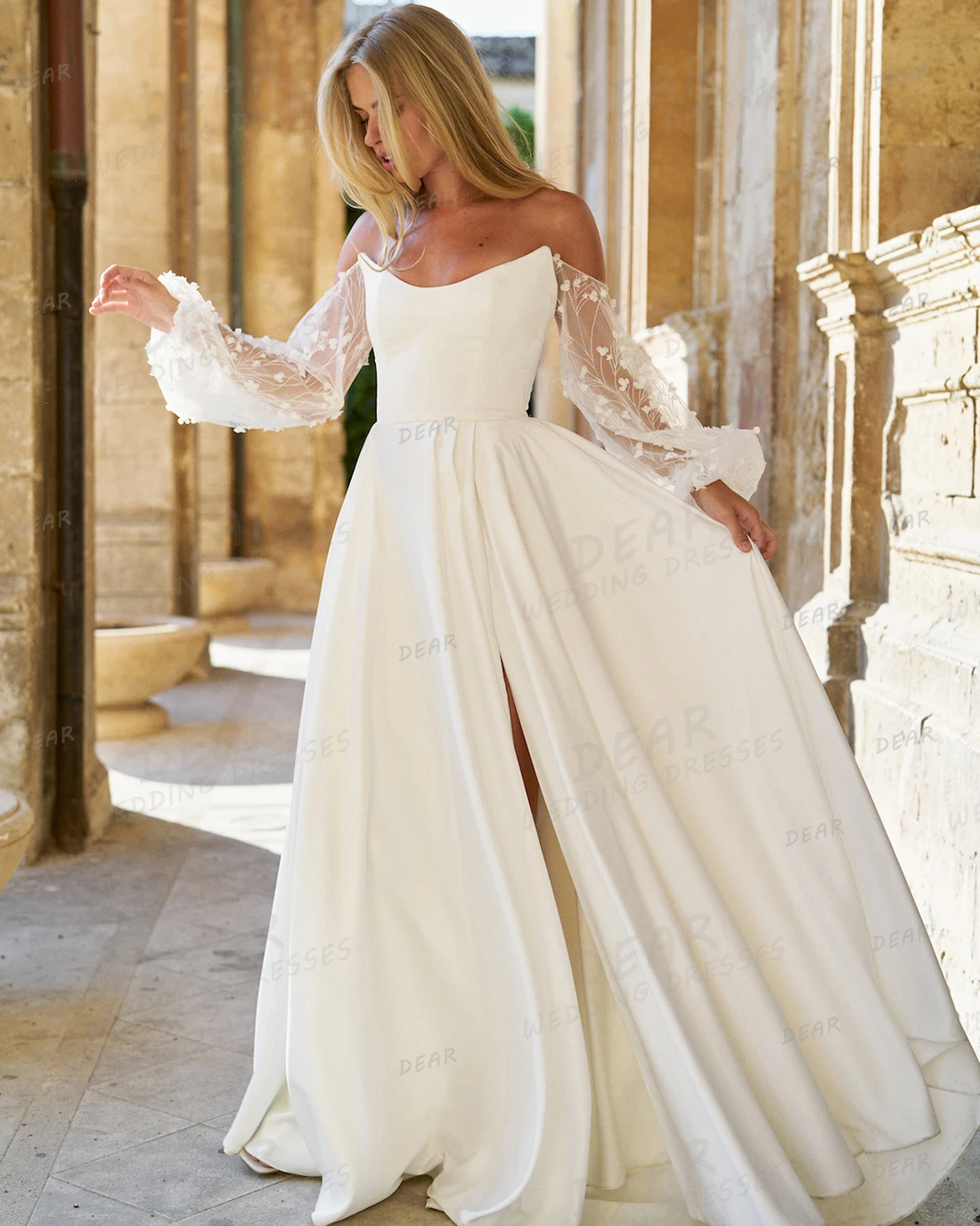 Robes de mariée A-ligne simples pour femmes, robes en satin élégantes, col bateau, vêtements éducatifs pour patients, tout ce qui est sexy, manches bouffantes, mode Off initié