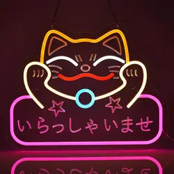 Japanese Welcome Neon Sign Fortune Cat Wall Decor Dimmable Led Neon Lights for Restaurant Shop Store Window Japanese Style