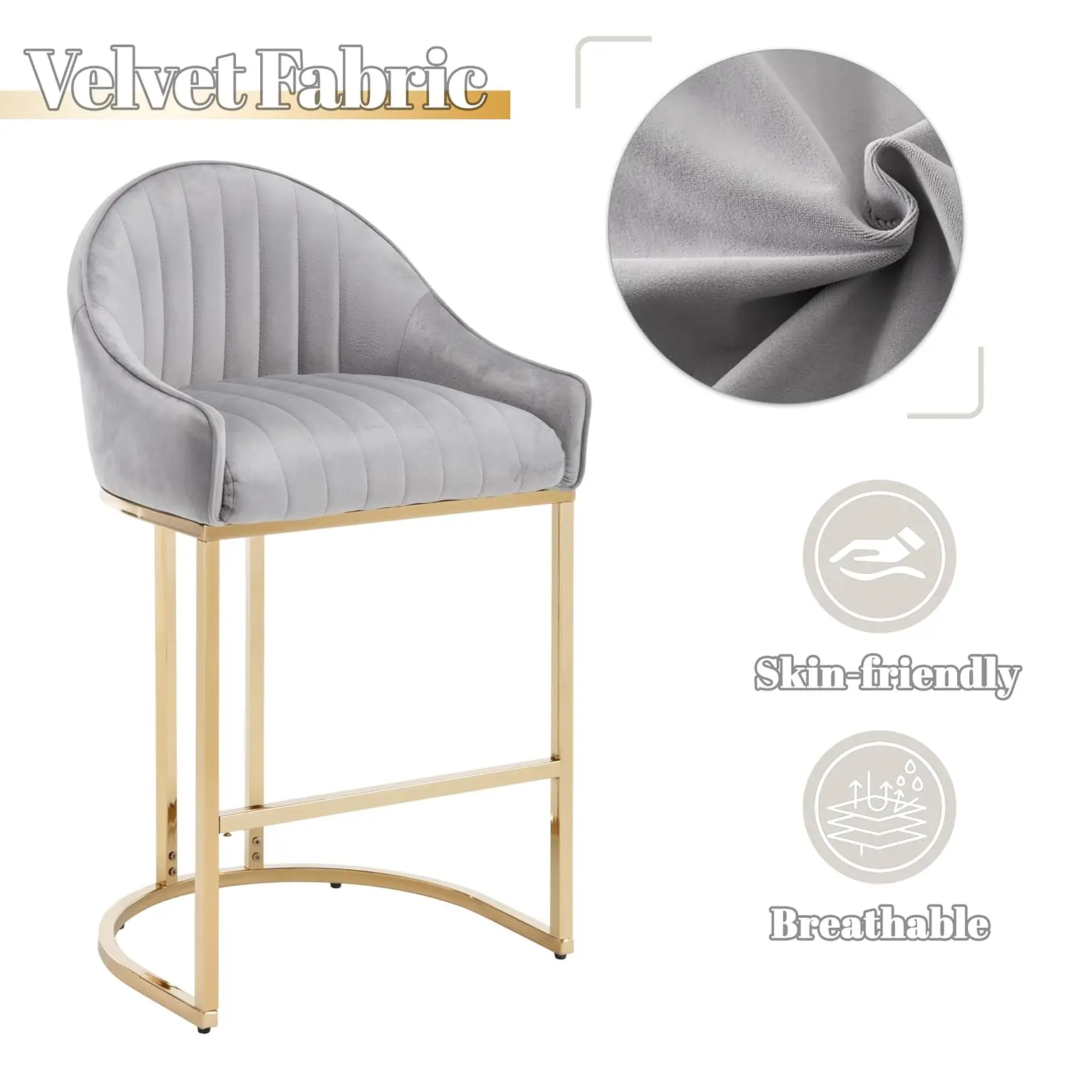 Counter Height Bar Stools Set of 2 Modern Barrel Shell Back Chrome Metal Base 27.5" H Grey Golden Base, Customized - view 4