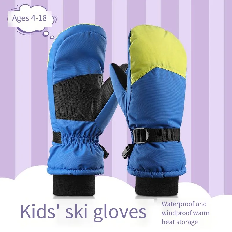 Thicken Kids Skiing Gloves Lining Velvet Boys Girls Skating Gloves Full Finger Windproof Winter Gloves for Outdoor Sports