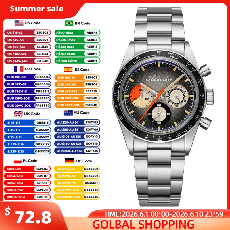 

ADDIESDIVE Men's 0S20 Chronograph Watch 37mm Quartz Luxury Wristwatch Domed Crystal 100m Waterproof Super Luminous Male Watches