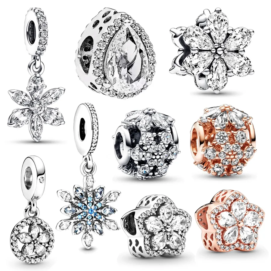 NEW Sparkling Herbarium Cluster & Pavé Snowflake Dangle Charm Baed Fit Original Pandora 925 Sterling Silver Bracelet DIY Jewelry