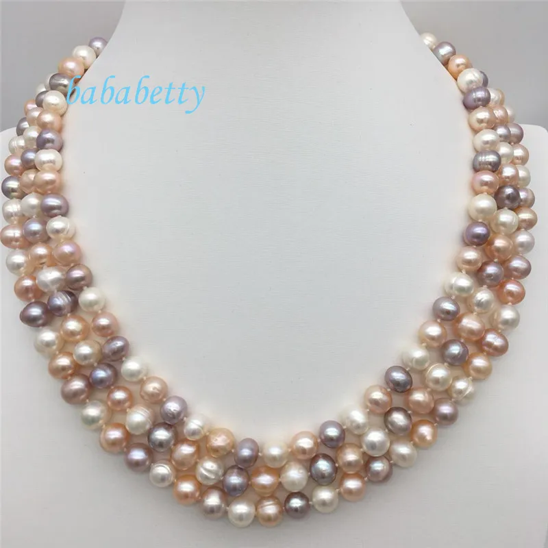 

Beautiful natural freshwater pearl 7-8 mm white pink purple 3 row 20 inches pearl necklace fashion joker