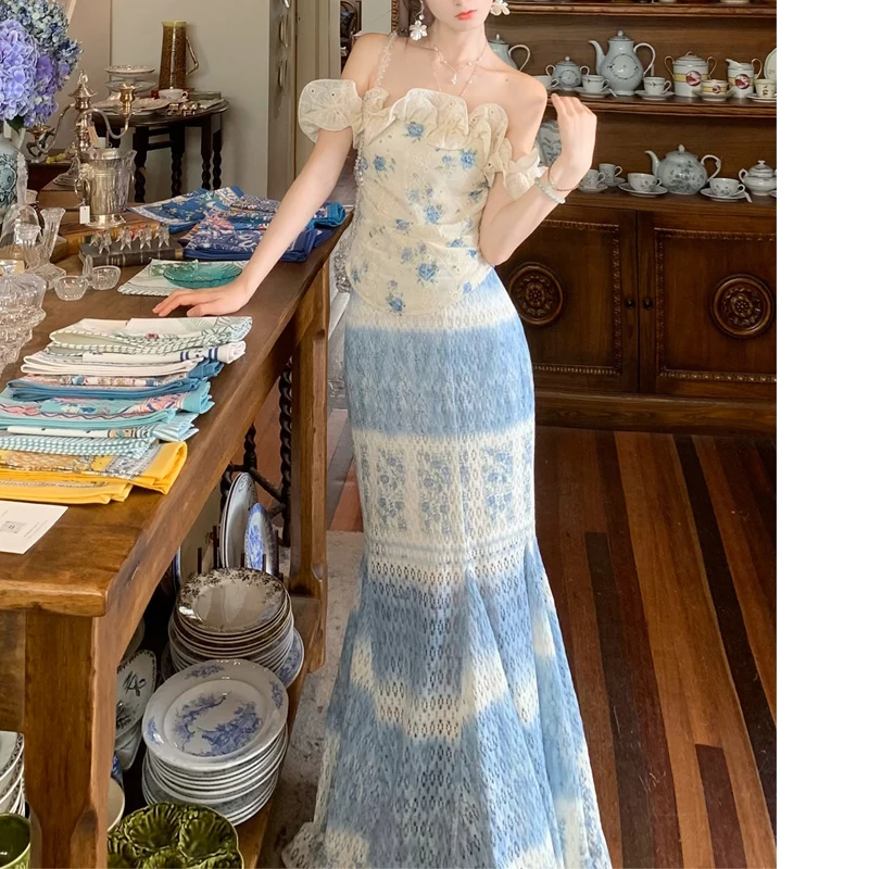 

Two-piece Set French Off-shoulder Cropped Top Ruffles Lace Elastic T-shirt Zipper Hollow Out Mermaid Skirt Women Gradient Outfit