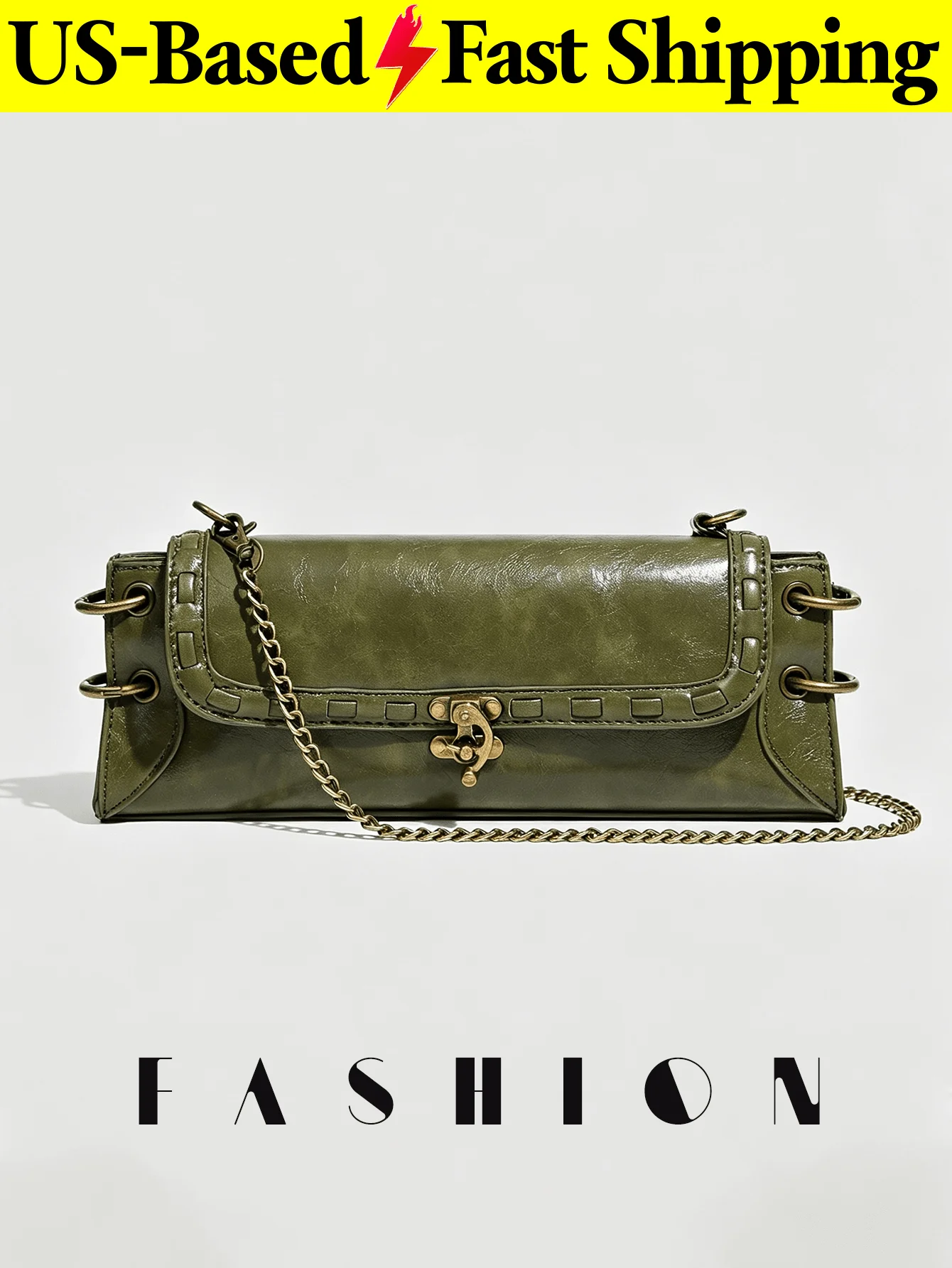 1 PC Army Green Waxed Leather Vintage Chain-Strap Baguette Bag-A Versatile, Niche Underarm Bag Perfect For Commuting And Street Style.