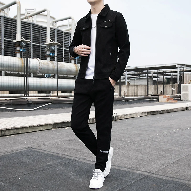 

New Men's Casual Tee-Piece Set White T-irt Corduroy Jaet Autumn Winter Trendy Korean Version Loose Fit Regular Length