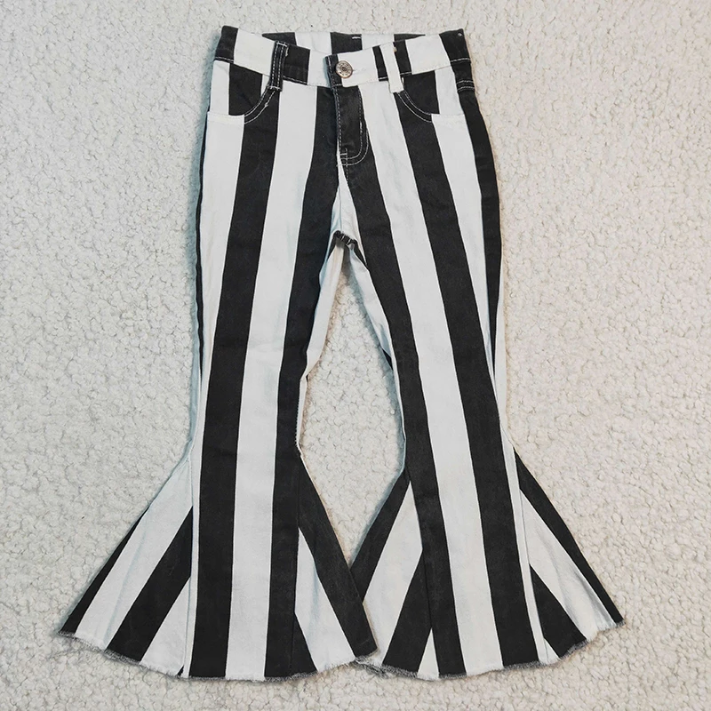 Baby Girl Denim Black White Striped Jeans Kid Children Wholesale Toddler Bell Pants Pocket Adjustable Trousers